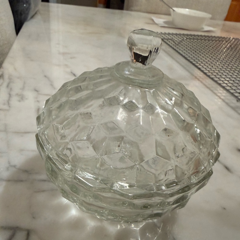 vintage glass clear covered candy dish Fostoria American look-alike EUC